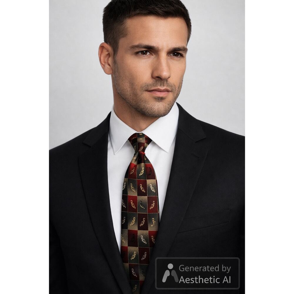 Cino Rossini 100% Silk Tie made in Italy Scroll Print Burgandy olive gold